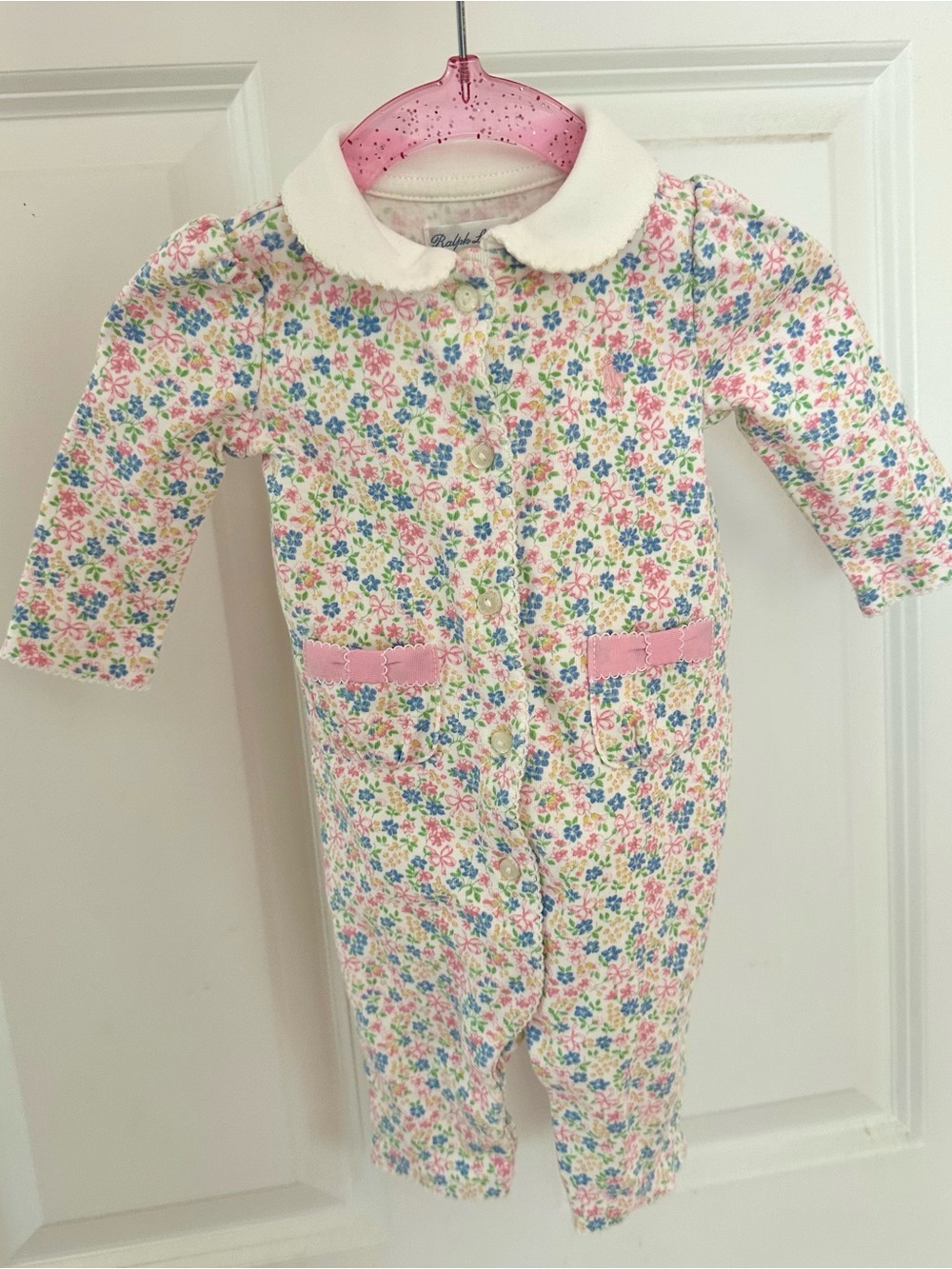 Ralph Lauren Baby Girl Floral Romper Peter Pan Collar Bow Pockets 3M